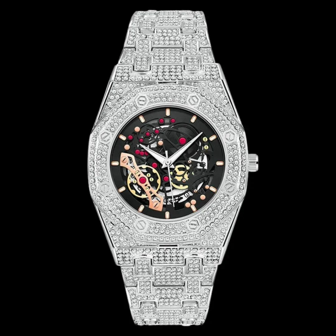 Skeleton Date Dial Iced Out Watch – Luxury Hip Hop Timepiece - CaratixJewelry